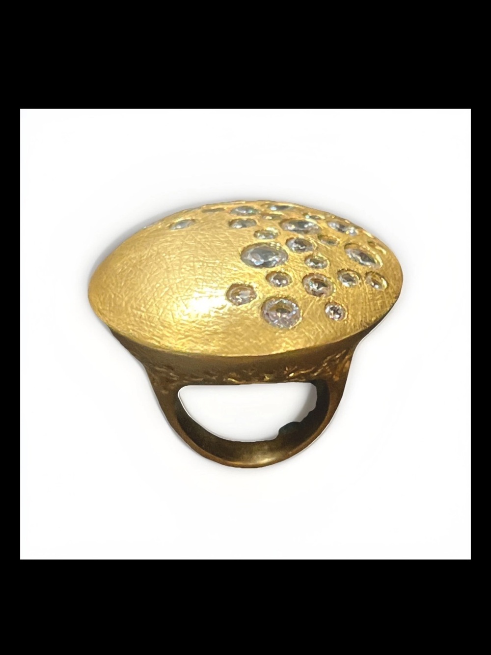 Sheila Fajl Dome Cocktail Ring Gold Tone Crystals Intricate Statement Piece Sz 7